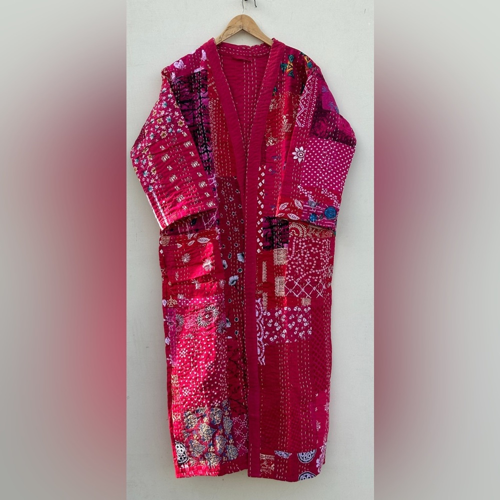 New Cotton Kantha Quilted Kimono Hand Stitched Fuchsia Red Mix Med